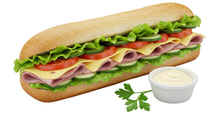 Gourmet long submarine sandwich, expertly sliced, showing layers of crisp lettuce, ruby tomato, cucumber, ham, golden cheese, with aioli ramekin & parsley, on transparent background, premium