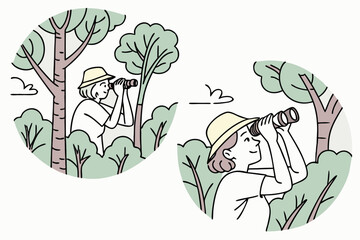 &ldquo;Birdwatching icons with binoculars and trees, soft vector&rdquo;