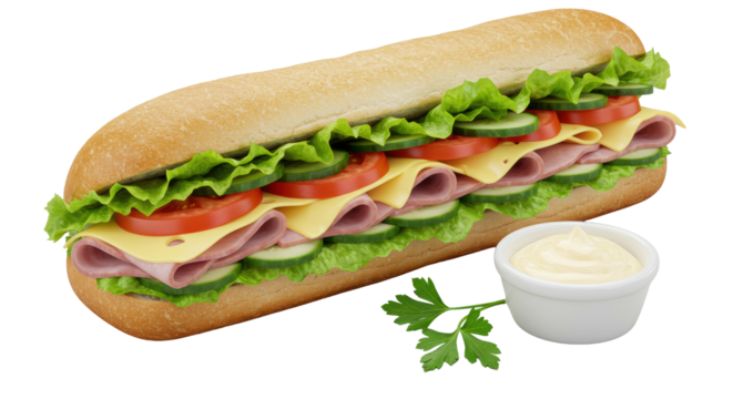 Gourmet long submarine sandwich, expertly sliced, showing layers of crisp lettuce, ruby tomato, cucumber, ham, golden cheese, with aioli ramekin & parsley, on transparent background, premium
