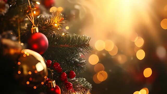 A vibrant Christmas tree is adorned with red and gold ornaments, capturing the essence of holiday spirit. The red ornaments and golden lights create an inviting atmosphere for cele