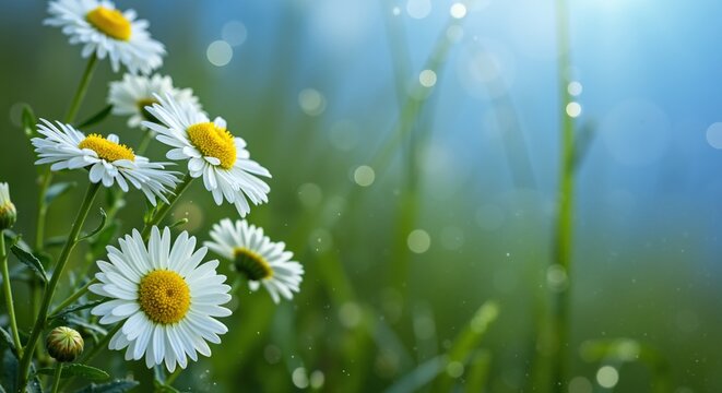 White chamomile daisies blooming in sunlit meadow. Floral spring background with soft focus and bokeh effect - Powered by Adobe