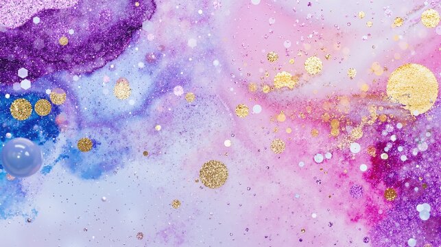 Abstract background with purple, pink, and gold glitter in liquid. Festive sparkling fluid art with bubbles. Luxury cosmic wallpaper and modern texture - Powered by Adobe