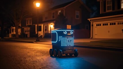 Autonomous delivery robot moving on a neighborhood street at night. Smart last mile delivery vehicle for futuristic logistics concept. - Powered by Adobe