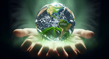Transparent Earth with Roots in Hands and CO₂ to O₂ Bubbles