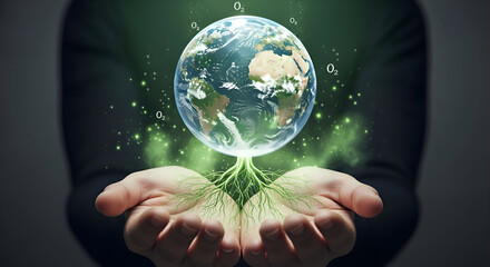 Transparent Earth with Roots in Hands and CO₂ to O₂ Bubbles