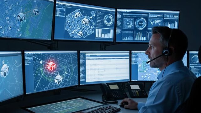 Man monitoring multiple computer screens for surveillance and security. Smart city control center with incident detection.
