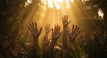 Group of people raising hands in worship towards divine light. Spiritual community praising in jungle at sunrise. Faith and hope concept