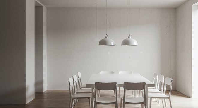 Minimalist dining room with large white table and chairs. Modern interior design with natural light. Empty contemporary architectural space with copy space - Powered by Adobe