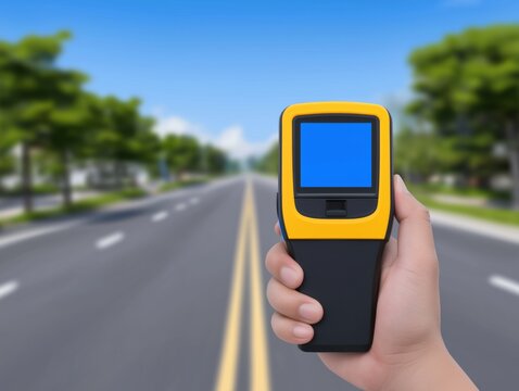 Hand holding a digital speed measuring device with a blue screen, positioned in front of an empty road, surrounded by trees and a clear blue sky, illustrating traffic monitoring technology