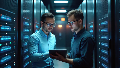 Two men in glasses stand between server racks in data center. They hold tablet, discuss something looking at screen together. Men work with servers in data center room.