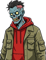 Cartoon zombie character illustration, blue skin undead with glowing eyes exposed brain sharp teeth in hoodie jacket, horror creepy art, cad drawing flat vector illustration