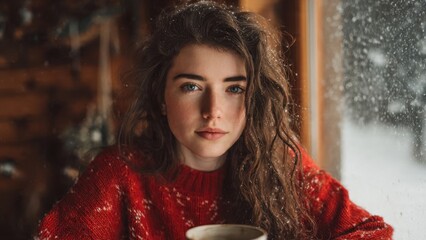 Portrait of a young woman with curly hair in a red sweater looking at the camera near a snowy window