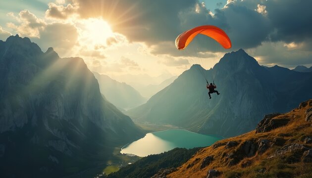 Paraglider flies over vast mountain valley with turquoise lake. Sunbeams break through clouds illuminating epic landscape. Adventurer enjoys extreme sport, soaring high above peaks.