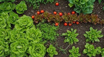 Fresh organic vegetables growing in garden patch. Top down view of lettuce and tomatoes. Homegrown food and agriculture flat lay
