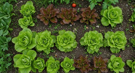 Overhead view of organic green and red lettuce growing in vegetable garden. Fresh produce and healthy eating concept. Home gardening and sustainable agriculture