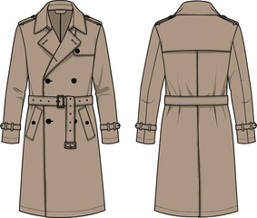 Classic trench coat flat sketch, front and back view, double-breasted fashion illustration, belted waist, wide lapels, shoulder epaulets, storm flap, cuff straps, apparel design vector