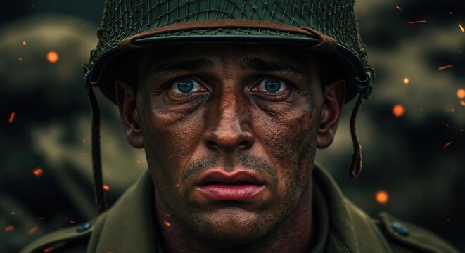 Close-up portrait of exhausted soldier's face in combat. Young military man with traumatic expression during war showing psychological toll of battle