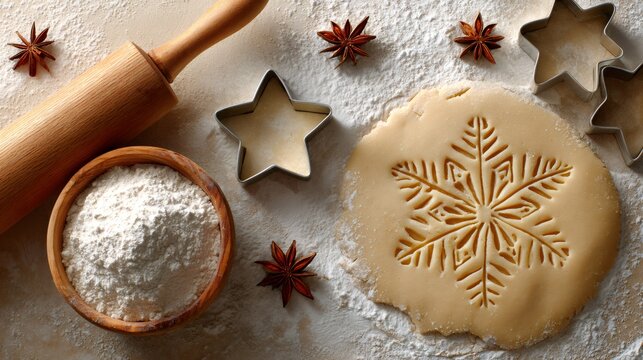 Baking christmas cookies with snowflake dough and spices