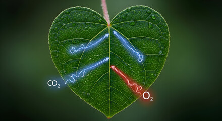 Macro Heart-Shaped Leaf with CO₂ to O₂ Veins