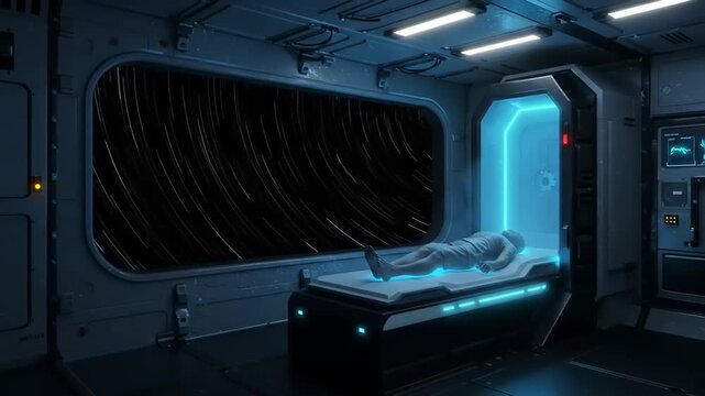 Futuristic cryogenic chamber in spaceship interior with sleeping human and stars view