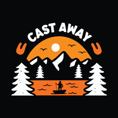 A lone silhouette casts away into the serene lake surrounded by mountains and pines