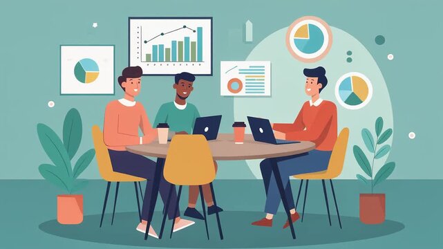 Vector illustration of a diverse business team collaborating in a modern office environment, discussing growth charts and market analysis - Powered by Adobe