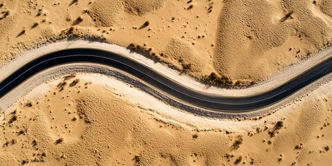 Obraz premium Curved asphalt road cutting through golden desert dunes, aerial drone view, minimal composition, strong contrast and texture