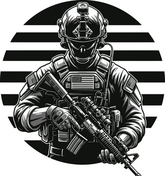 Vector illustration of a fully equipped tactical soldier with a modern assault rifle against a striped circular background showcasing strength and vigilance