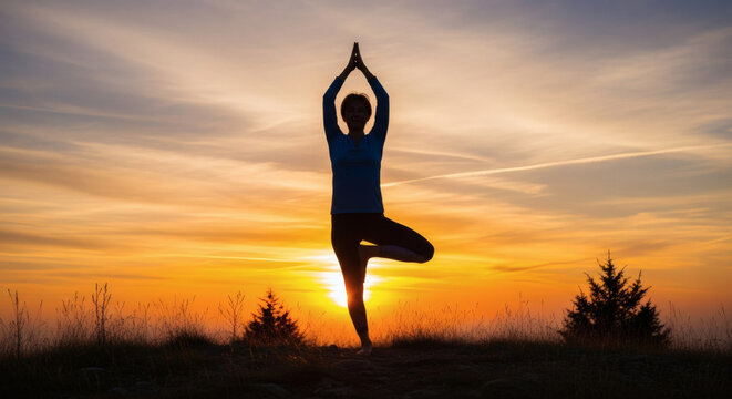 Empowered woman practicing tree pose yoga during stunning sunset, finding inner peace and balance, inspiring wellness and mindfulness in nature