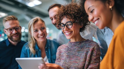 Multicultural team of professionals collaborating over digital tablet, sharing ideas and insights in a modern workspace, fostering teamwork and creativity