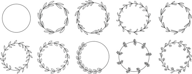 Wreath icons, floral borders, leaf circle designs, botanical frames, nature motifs, elegant outlines, wedding graphics, invitation embellishments, seasonal decor, minimalist