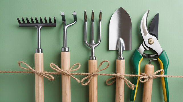 Gardening tools tied with rustic twine evoke spring planting and outdoor projects, perfect for promoting home improvement, landscaping, and sustainable living