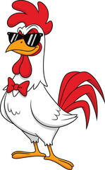 Cool cartoon rooster character, stylish farm animal mascot, sunglasses, bow tie, confident pose, funny chicken artwork, cad drawing flat vector illustration