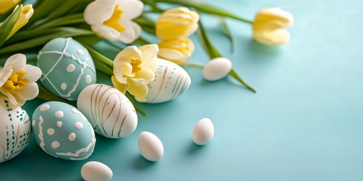 Decorated easter eggs and spring flowers on blue background - Powered by Adobe