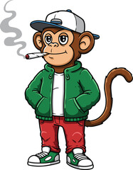 Cool cartoon monkey character, urban street style, hip hop fashion, smoking illustration, anthropomorphic animal art, playful vector drawing, modern design
