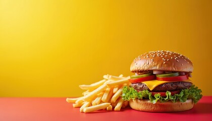 Delicious cheeseburger with sesame seed bun, juicy beef patty, melted cheese, crisp lettuce, fresh tomato slices, red onion, pickles. Golden french fries pile next to burger. Ready-to-eat classic