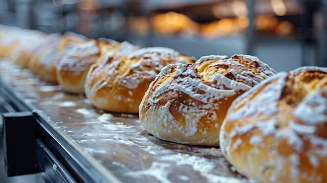 Rows of warm, freshly baked bread rolls sit on a counter in a bustling bakery. The aroma of baked goods fills the air, inviting customers to enjoy a delicious treat