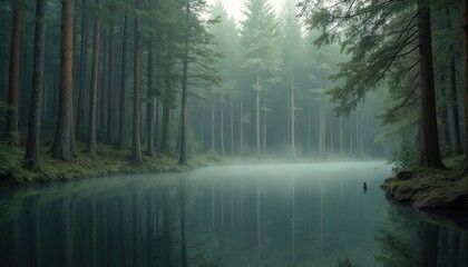 Obraz premium Misty forest lake reflects tall evergreen trees. Calm water surface mirrors deep woods, green foliage. Fog creates serene, mysterious mood. Woodland scene feels peaceful, tranquil at dawn light. Moss