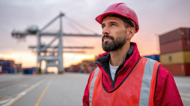 Dock worker in safety gear observes operations at port cranes, ensuring secure cargo handling and efficient logistics management in a busy shipping environment