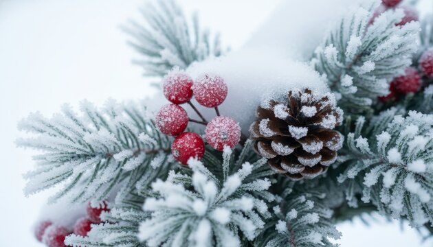 Close-up of frosted evergreen branches with red berries and a pine cone, covered in fresh snow on a cold winter day.