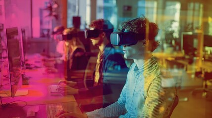 Colleagues engaged in virtual reality experiences in a modern office setting, showcasing innovative technology and collaboration in a futuristic workspace