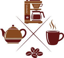Coffee and Tea Icons Coffee Maker, Teapot, Mug, Coffee Beans