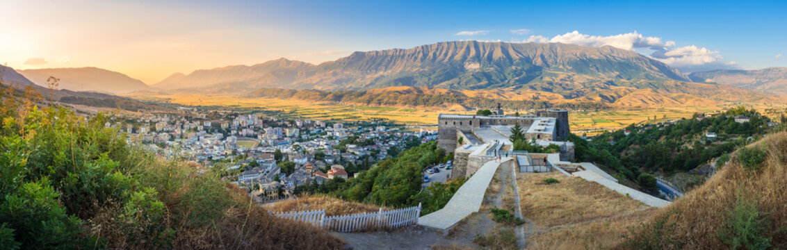 The old castle and fortress of Gjirokaster or Gjirokastra in Southern Albania. Old town is a UNESCO World Heritage Site. Closeup of Architectural Buildings.