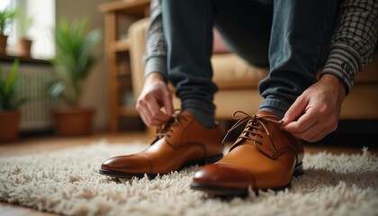 Man ties brown leather dress shoes indoors on a white rug. He is getting ready for a formal event or work. This person prepares his footwear for the day, ensuring a neat and polished look.