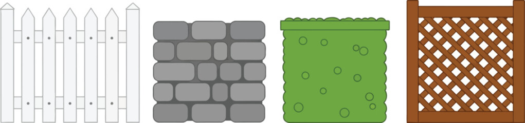 Fencing and Border Icons Picket Fence, Stone Wall, Hedge, Lattice Panel