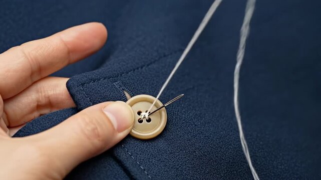 Close-up of hands sewing a button onto dark blue fabric with a needle and thread.