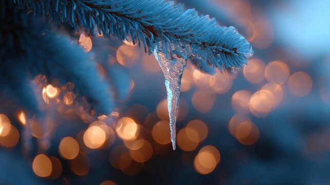 Close-up of a branch of a pine tree. the branch is covered in a thin layer of ice, with icicles hanging down from it. the background is blurred, but it appears to be a blue sky with bokeh lights. - Powered by Adobe