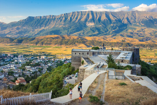 The old castle and fortress of Gjirokaster or Gjirokastra in Southern Albania. Old town is a UNESCO World Heritage Site. Closeup of Architectural Buildings.