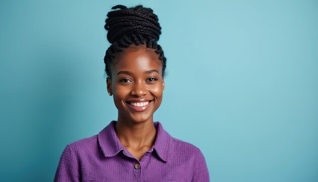 Young African American woman with braided hair in purple shirt smiles genuinely at camera. Happy female person in casual attire isolated on light blue background. Portrait of smiling young adult with