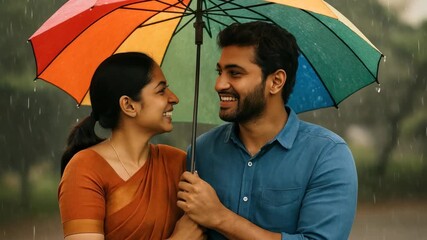 A joyful couple under a colorful umbrella in the rain, captured in a close-up angle. The scene evokes a romantic video vibe with vibrant hues.